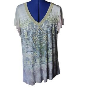 One World Women's Paisley Pattern Embellished Stone Lace Blouse White XL